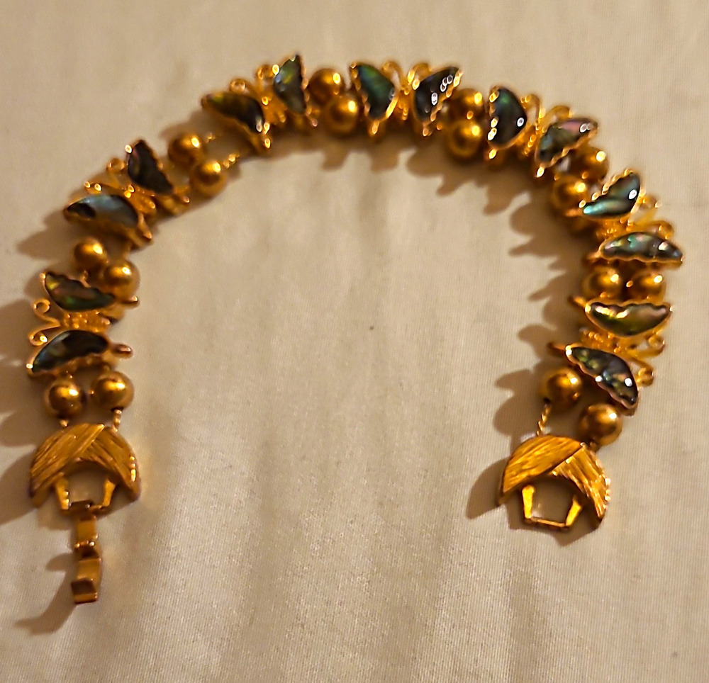 Gold Tone Charm Link Bracelet, Blue Iridescent Butterfly Shaped Accent Stones